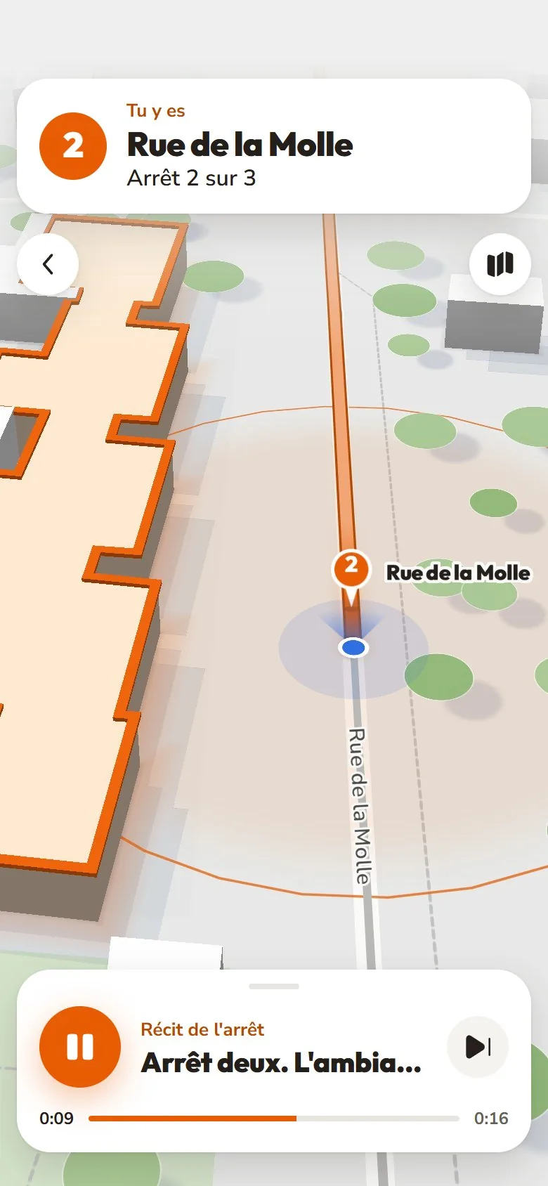 À l'arrêt : le bâtiment raconté s'allume sur la carte