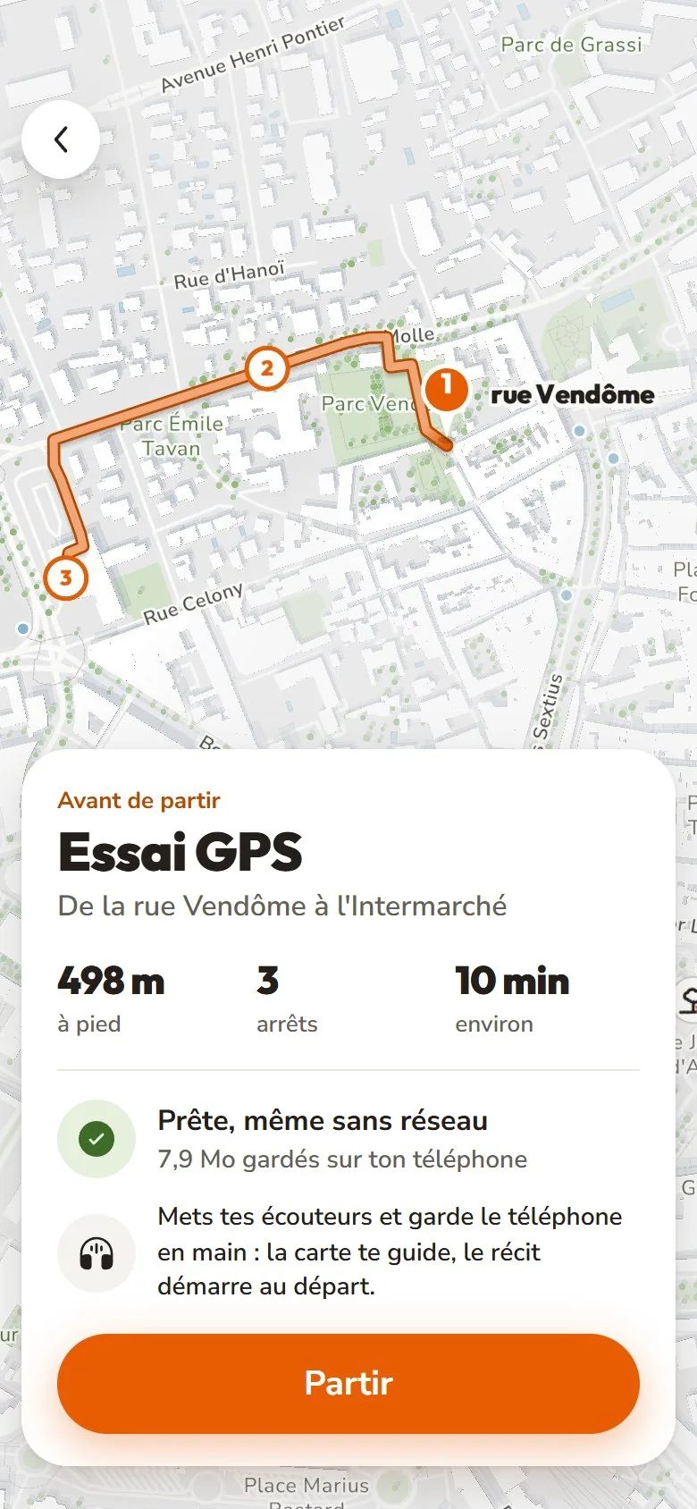 Avant le départ : la visite, sa longueur et le bouton Partir